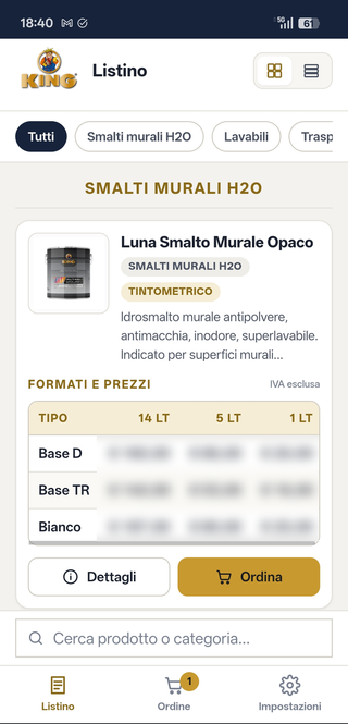 Una scheda prodotto nell'app, con la tabella dei prezzi riservati sfocata